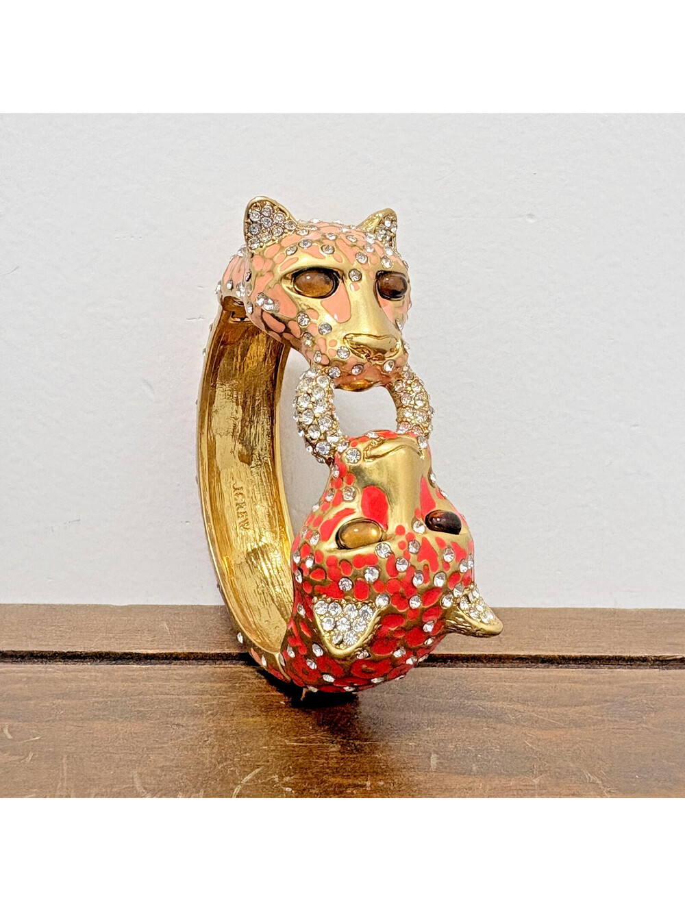 J. Crew Gold Tone Orange Enamel & Rhinestone Leopard Statement Bangle Bracelet
